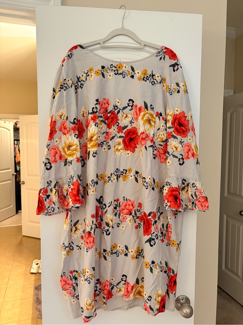 Old Navy Light Gray Floral knee length Dress with Red & Yellow Blooms
